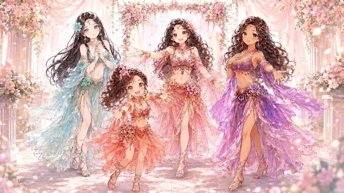 LINEスタンプのキャラクター、ルナ・サラ・ココ・ミクの4人集合イラスト