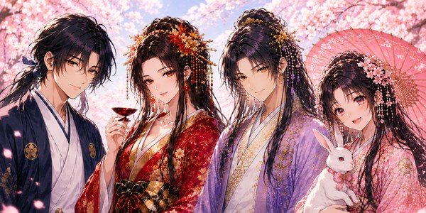 LINEスタンプのキャラクター、侍の隼人・花魁の紅葉・若殿の朝陽・姫の美桜のイラスト