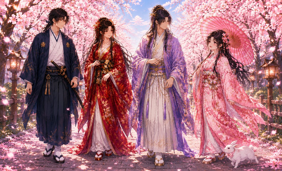 桜の下に並ぶ和風キャラクター4人（隼人・紅葉・朝陽・美桜）と、うさぎの小雪